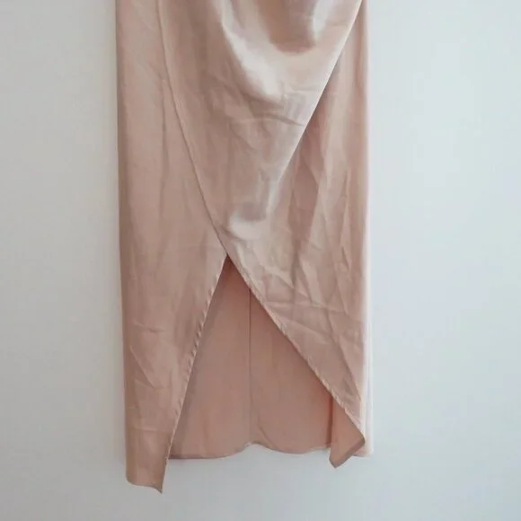HOUSE OF CB Coco Drape Back Satin Wrap Midi Dress in Nude Champagne - Size S - Picture 9 of 16
